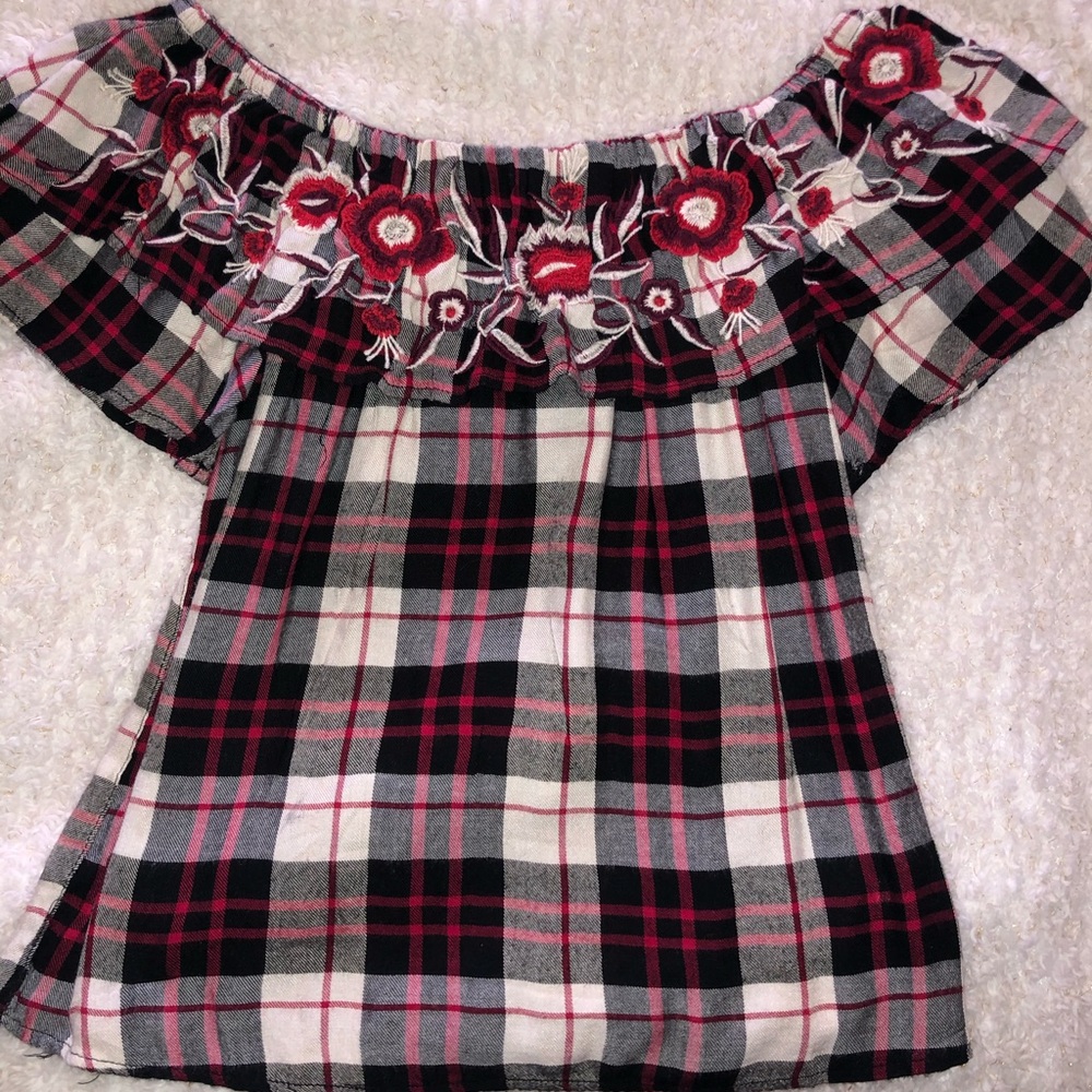 plaid off the shoulder top!